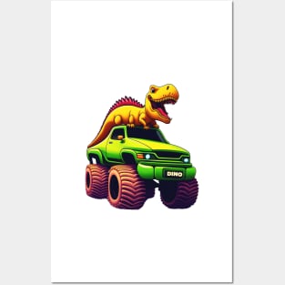 Dinosaurs on a monster truck Posters and Art